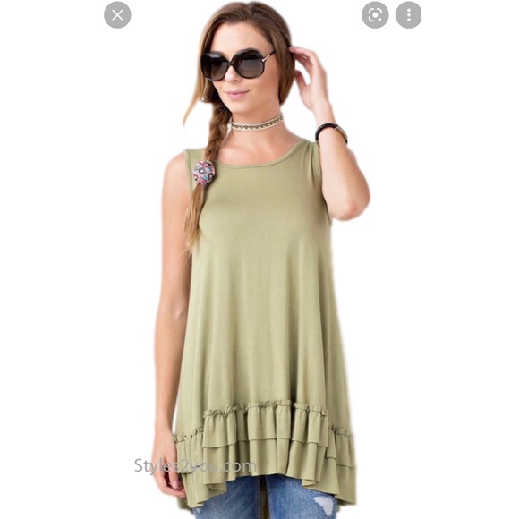 easel Tops - EASEL DOUBLE RUFFLE SHIRT DRESS EXTENDER  OLIVE SZ SMALL